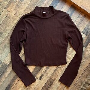 Brown Cropped Mock Turtleneck Top